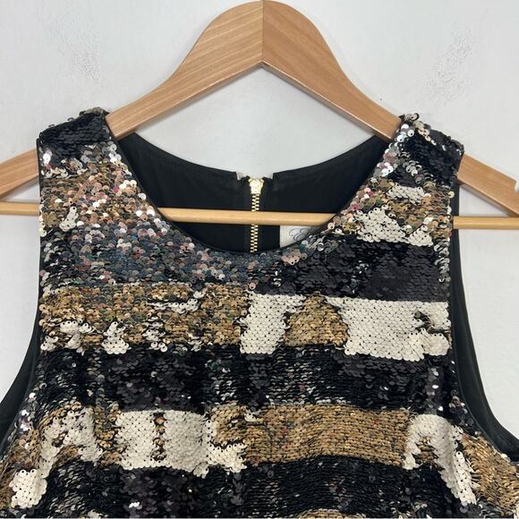 Eliza J Sequin Striped Shift Cocktail Gold Black Reversible Sequin Dress Size 8 - Picture 7 of 16